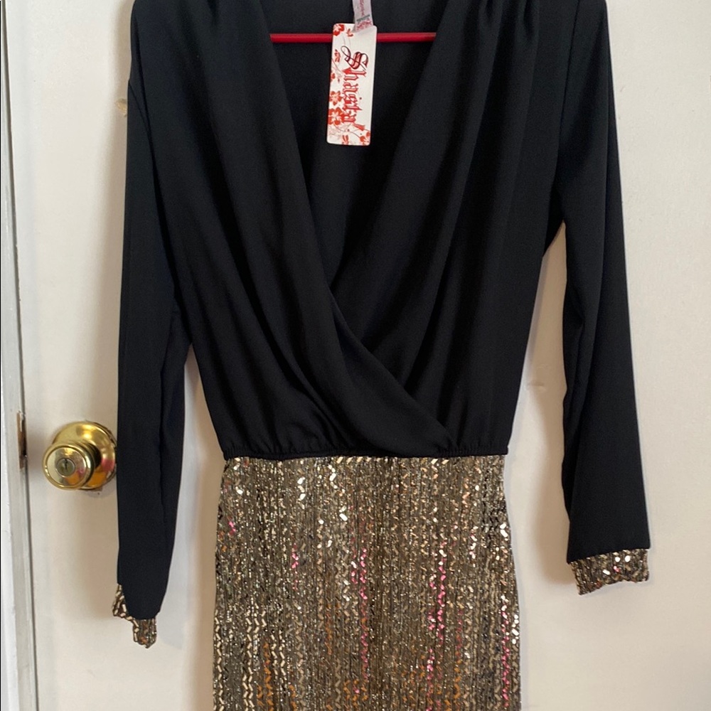 Shasa Black and Gold Sequin Wrap Dress